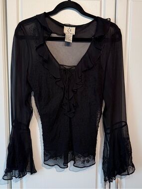 Ice Black Silk Sheer Ruffle Blouse